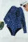 蓝色豹纹拉链镂空速干长袖冲浪服连体泳衣