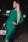 绿色长袖后拉链调节包臀紧身中长连衣裙