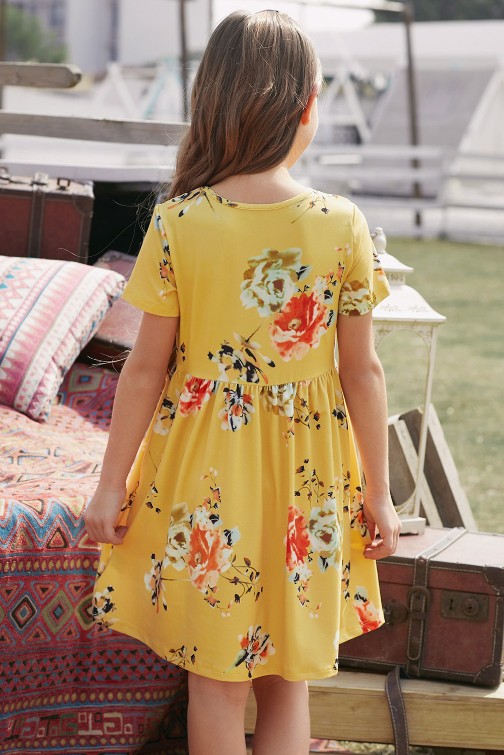 黄色宽松短袖口袋可爱波西米亚花卉儿童连衣裙 TZ61103
