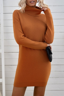 橙色时尚休闲高翻领长袖针织毛衣连衣裙