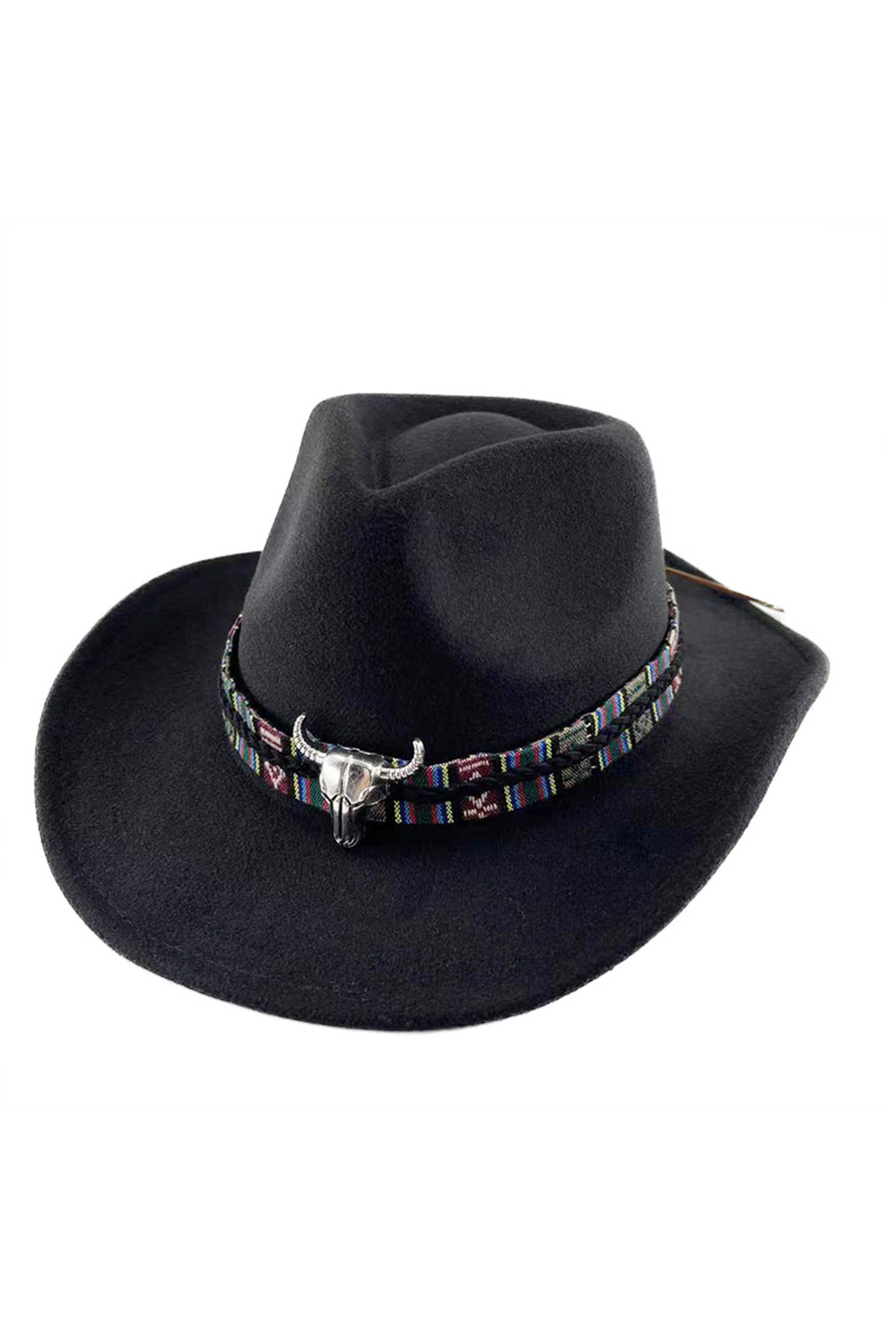 黑色西部风牛头装饰宽檐复古牛仔帽 BH04527