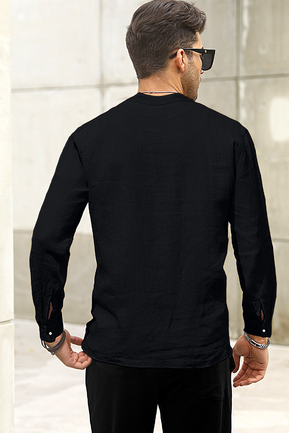 黑色半纽扣长袖男式休闲口袋套头衬衫 MC255134