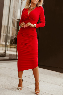 红色长袖裹身 V 领褶饰中长连衣裙