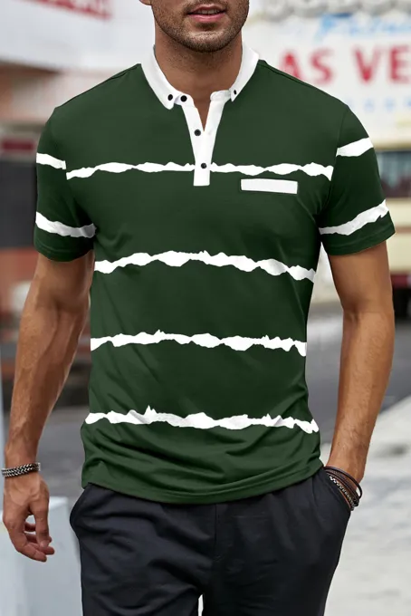 绿色休闲撞色条纹纽扣领短袖套头男士T恤