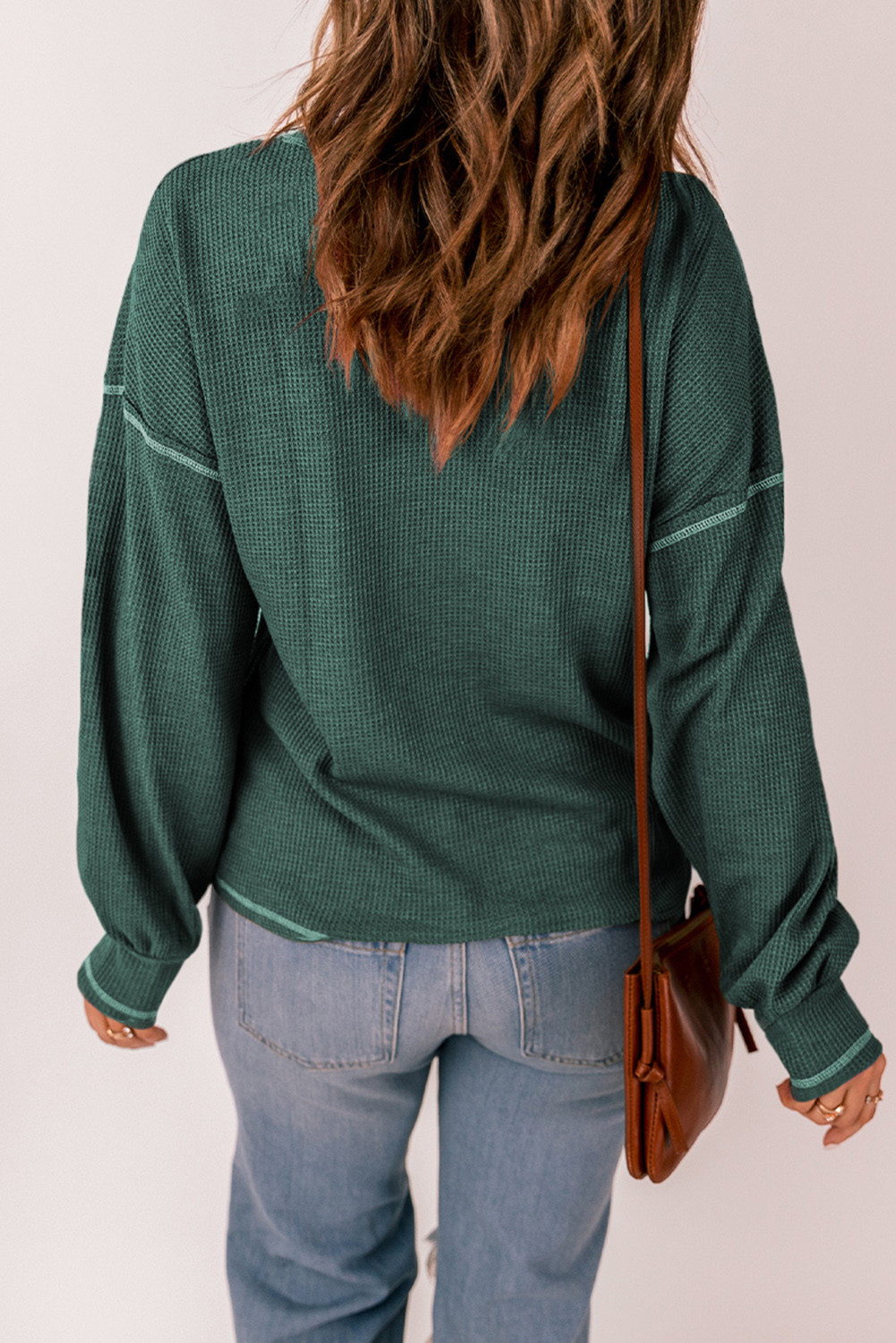 绿色撞色拼接装饰华夫格针织套头衫 LC25115267