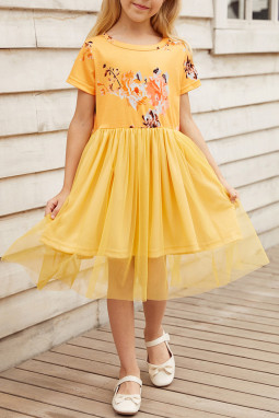 黄色花卉短袖帝国高腰薄纱覆层小女孩连衣裙