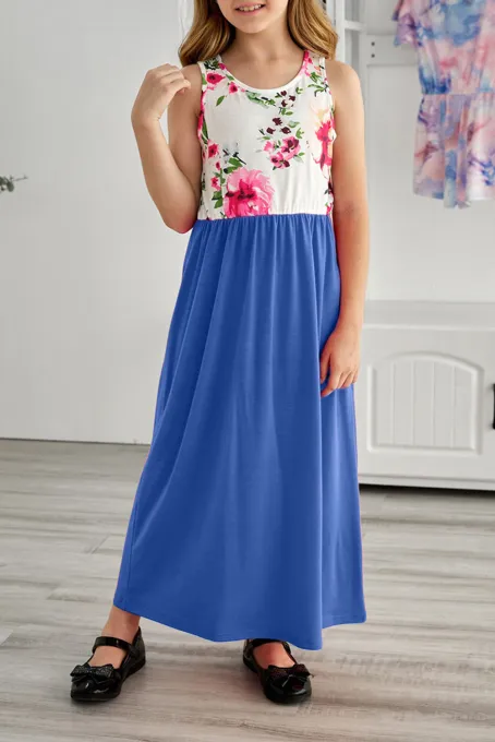 蓝色无袖可爱花卉拼接宽松舒适儿童连衣裙