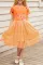 橙色花卉短袖帝国高腰薄纱覆层小女孩连衣裙