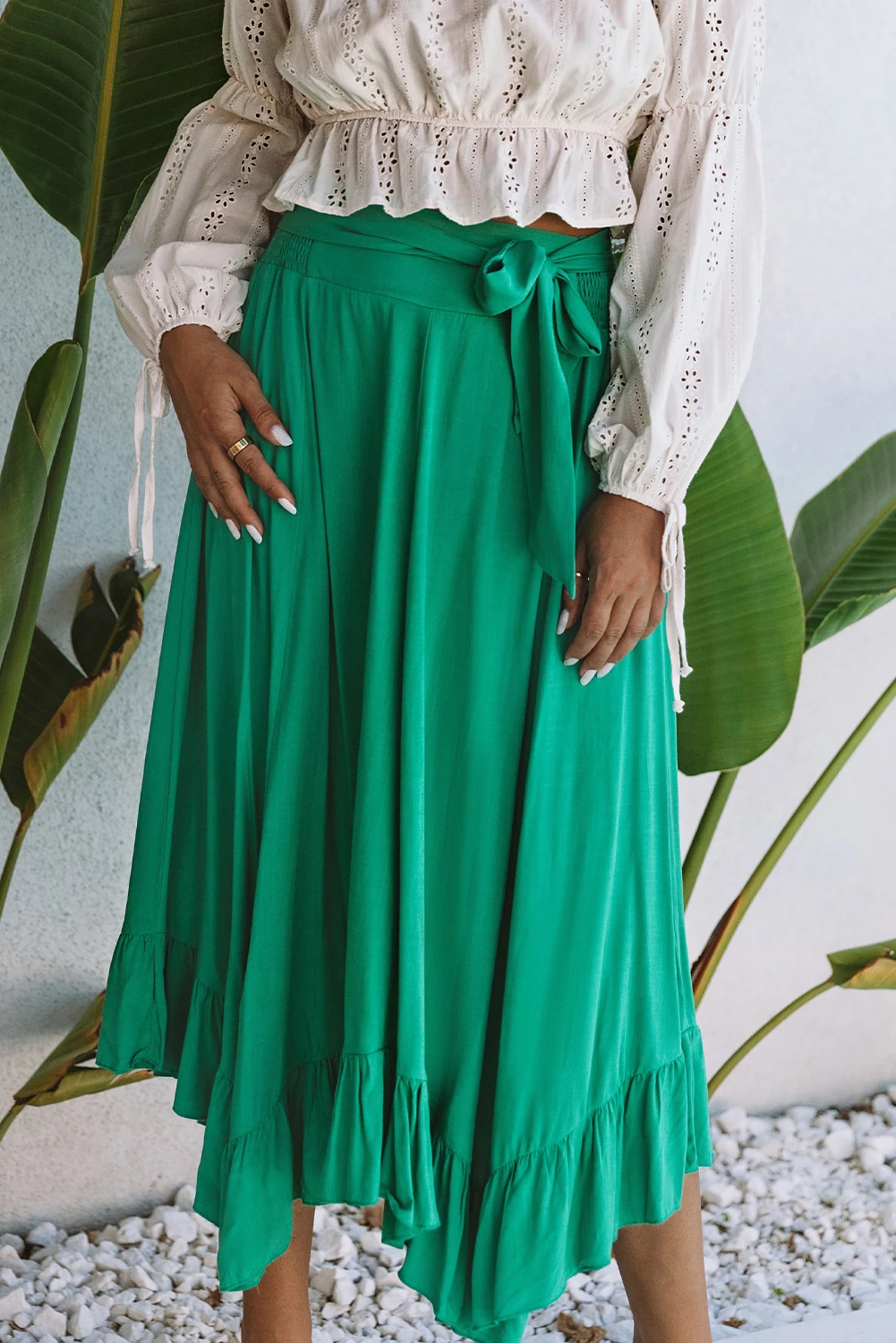 绿色不对称荷叶边束带高腰半身长裙 LC721036