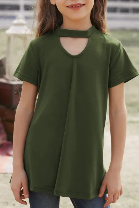 绿色别致镂空设计可爱舒适小女孩短袖T恤上衣