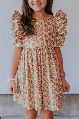 橙色小女孩花卉印花荷叶边袖连衣裙
