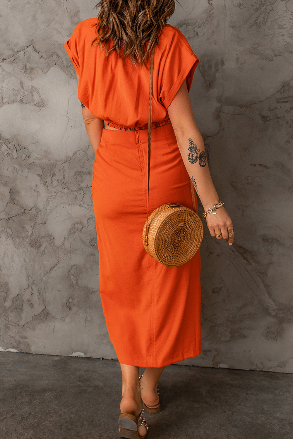 橙色抽绳V领开叉高腰两件套裙装 LC63928