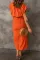 橙色抽绳V领开叉高腰两件套裙装