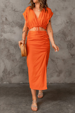 橙色抽绳V领开叉高腰两件套裙装
