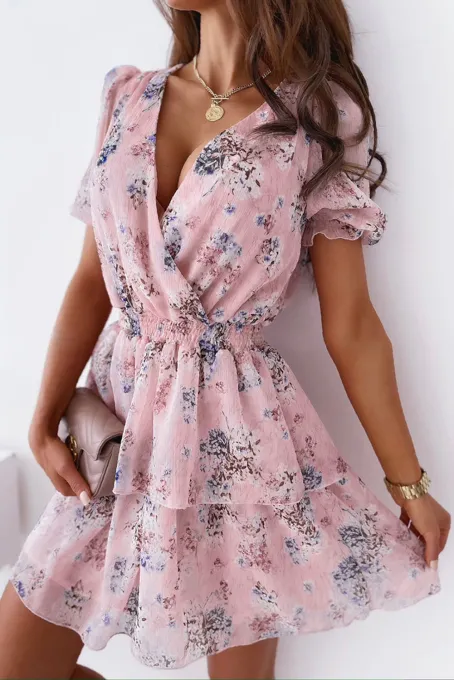 粉色可爱迷人裹式V领分层荷叶边花卉连衣裙