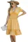 黄色褶边平行绉缝高腰 V 领中长连衣裙