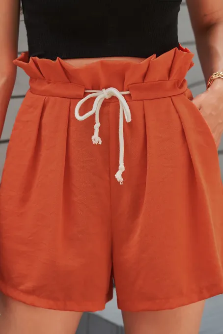 橙色休闲舒适褶裥抽绳高腰短裤