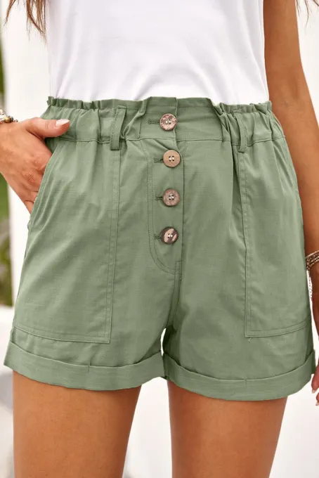 绿色休闲宽松排扣高腰翻边夏季女士短裤