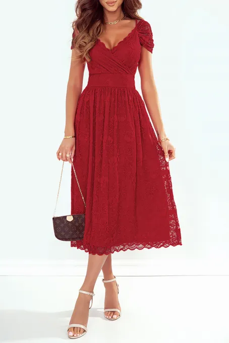 红色优雅冷肩露背奢华蕾丝图案中长连衣裙