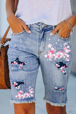 天蓝色樱花图案拼布做旧牛仔短裤