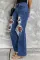 蓝色豹纹玫瑰拼布做旧高腰喇叭牛仔裤