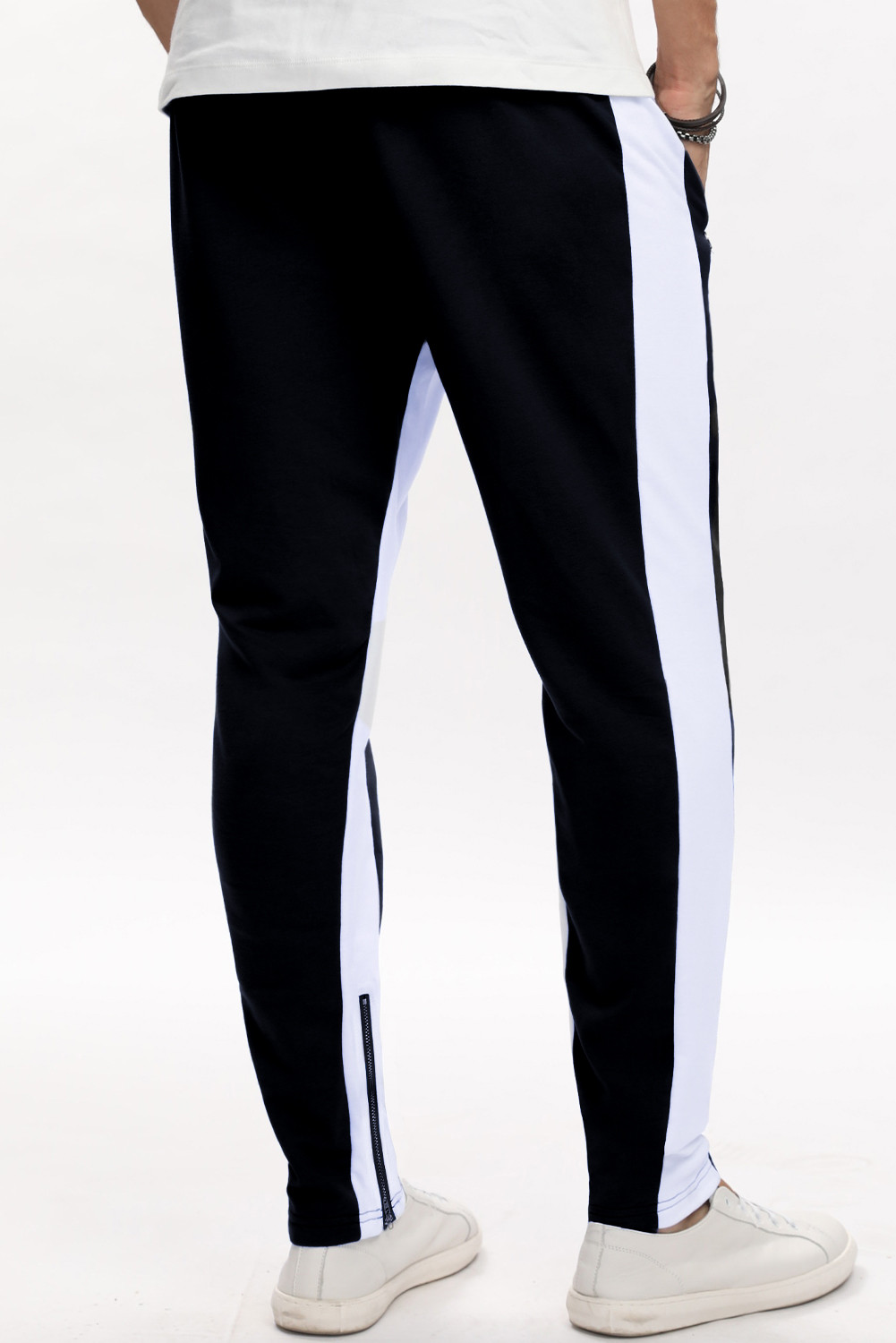 黑色时尚撞色拼接拉链设计口袋男士运动卫裤 MC77055