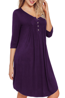 紫色四分袖休闲束腰连衣裙