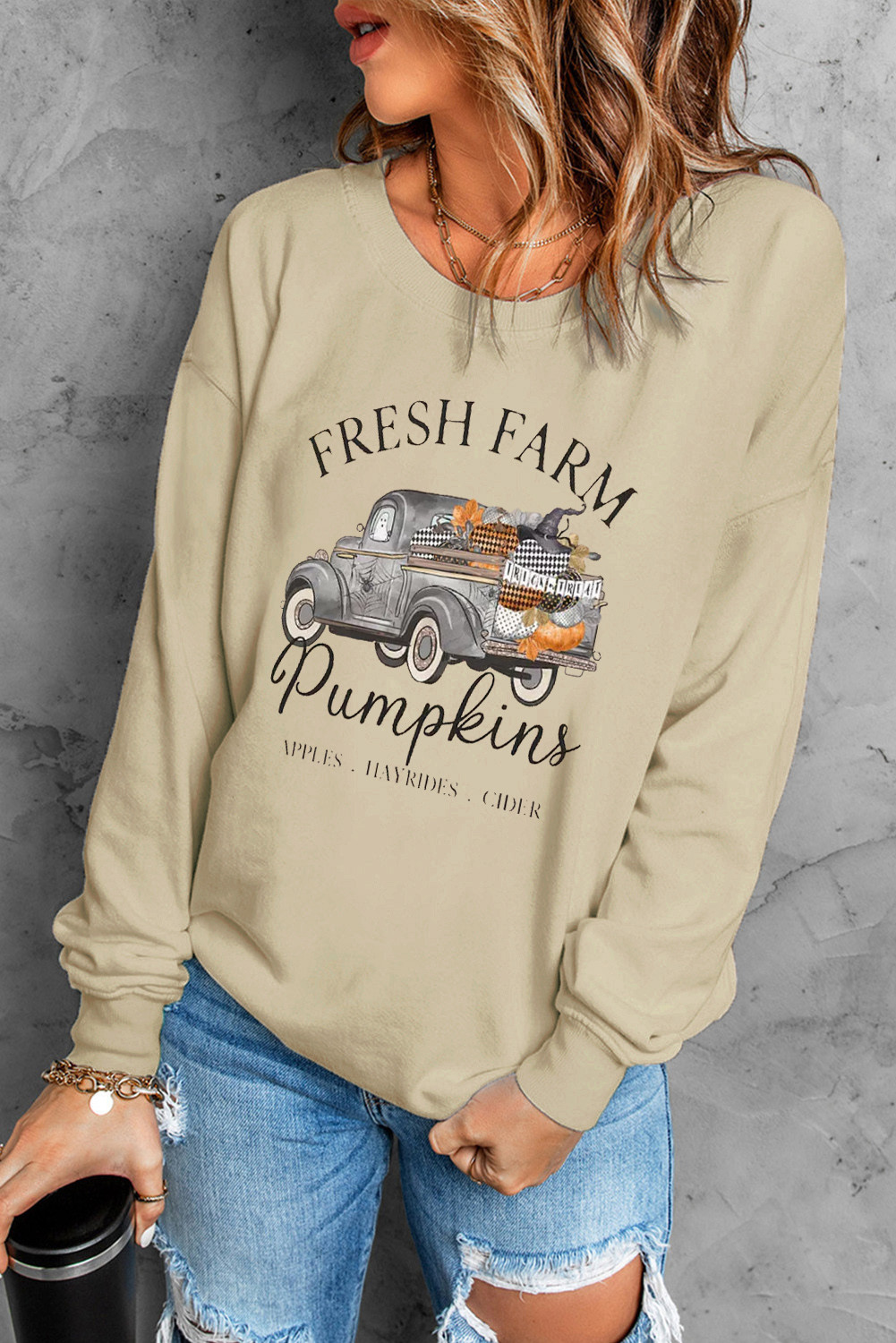 卡其色 Fresh Farm Pumpkins 图案印花套头卫衣 LC25312772