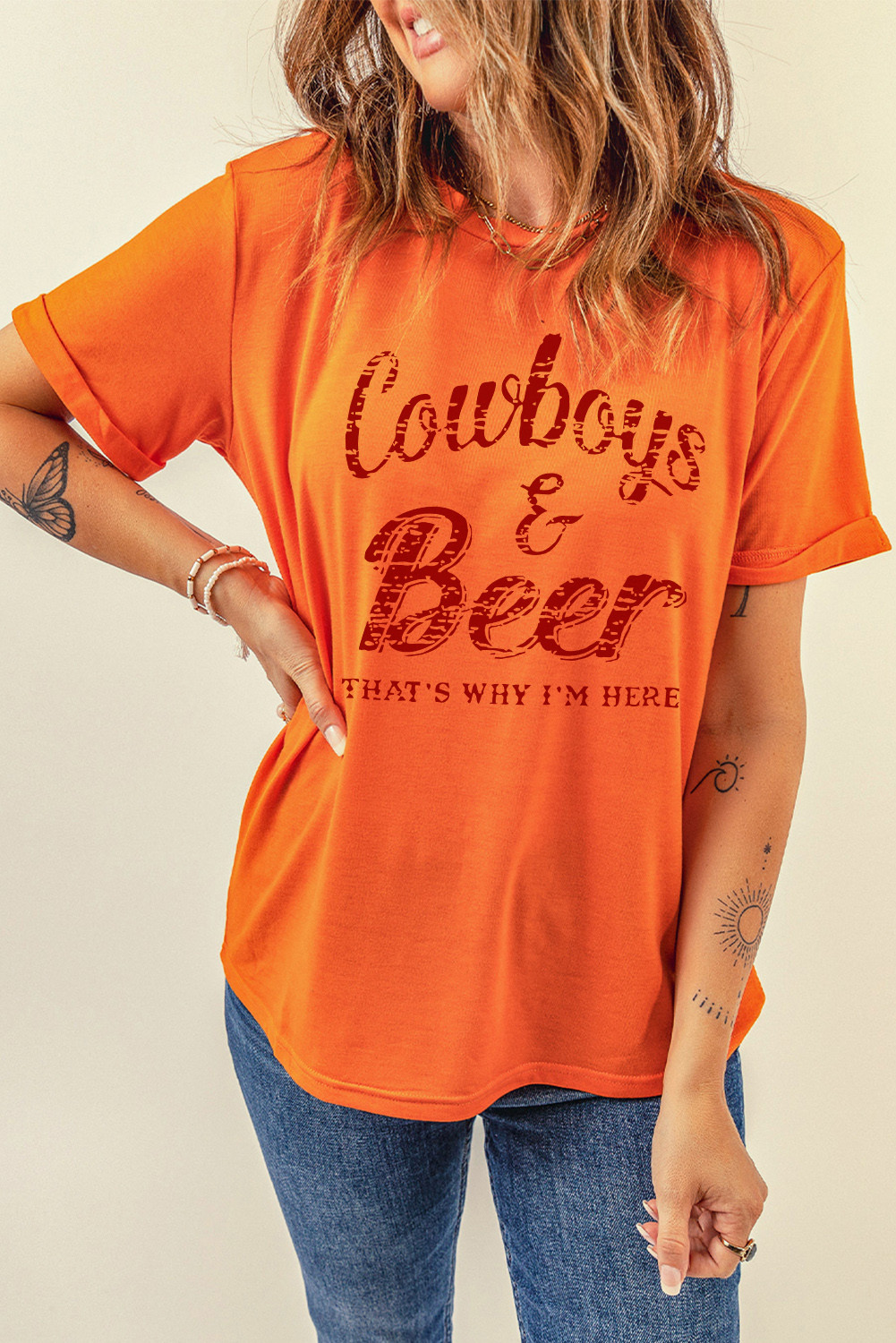 橙色牛仔 & 啤酒字母印花短袖 T 恤 LC25218805