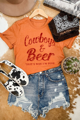 橙色牛仔 & 啤酒字母印花短袖 T 恤