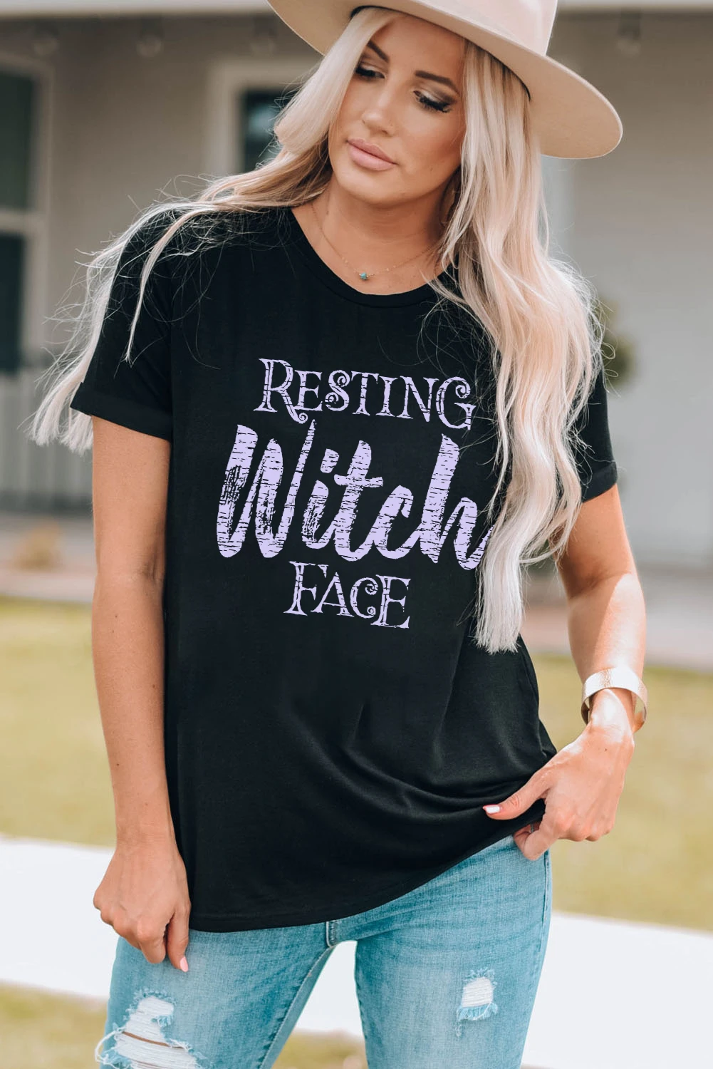 黑色 Resting Witch Face 短袖图案 T 恤 LC25218604