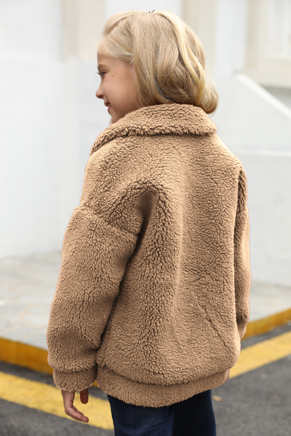 棕色时尚翻领拉链开襟儿童小女孩温暖毛绒外套 TZ85001