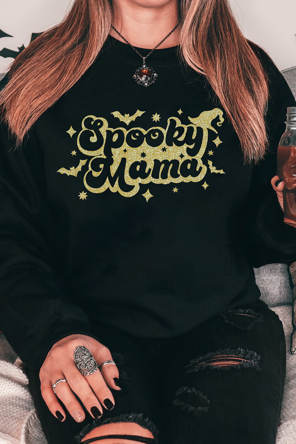 黑色 Spooky Mama 蝙蝠图案印花套头衫 LC25312452