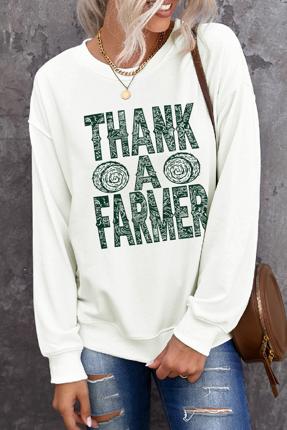 米色 THANK A FARMER 图案印花长袖套头衫 LC25312452