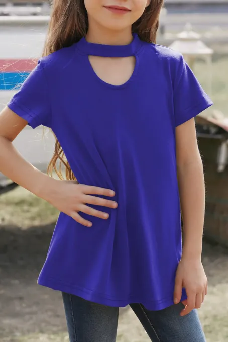 蓝色别致镂空设计可爱舒适小女孩短袖T恤上衣