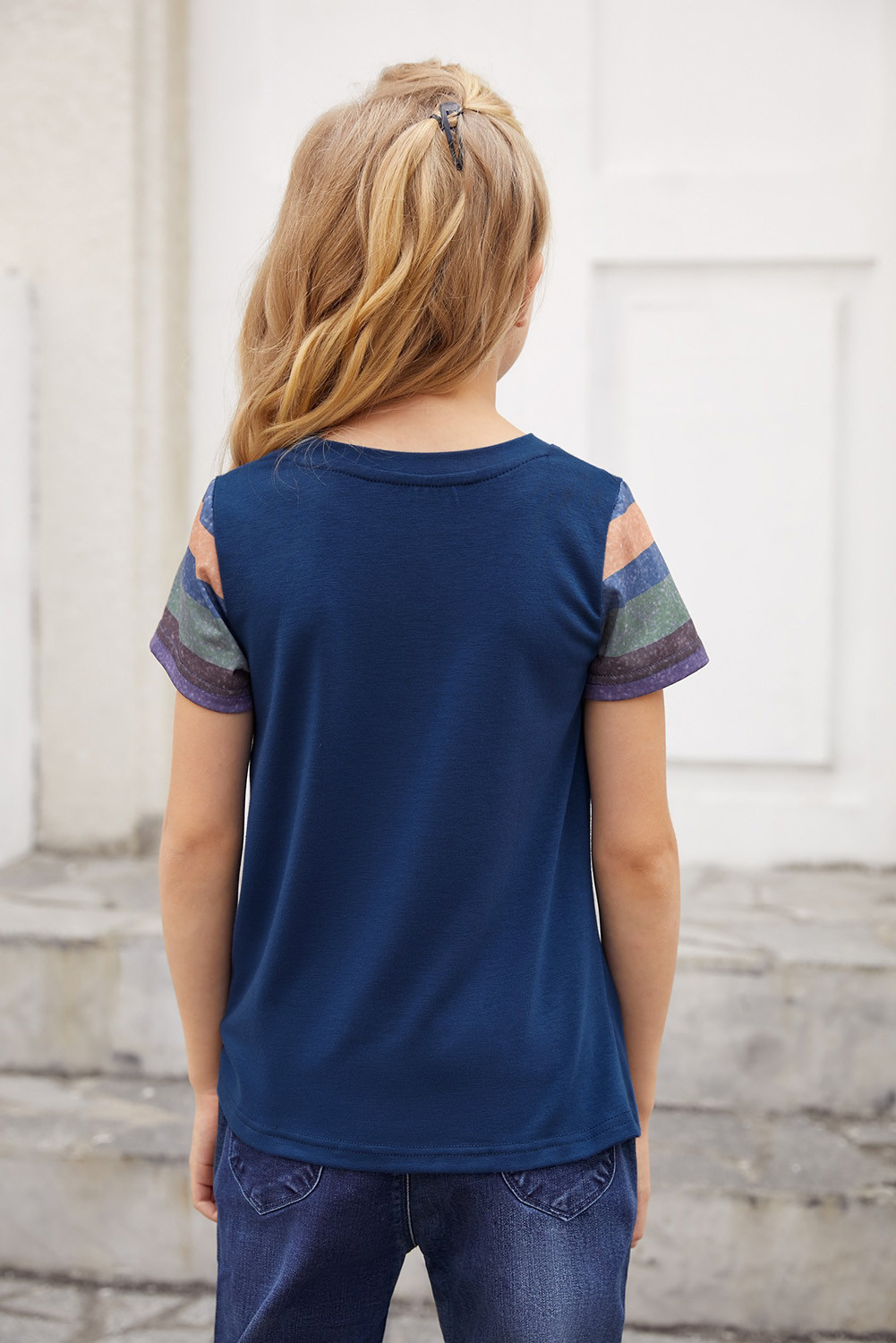 蓝色女童条纹袖 T 恤 TZ25172