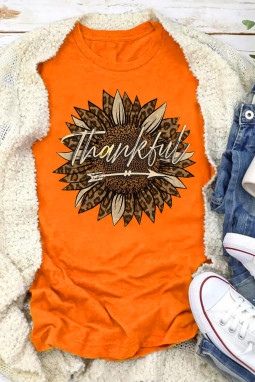 橙色Thankful 字母豹纹向日葵图案印花短袖 T 恤