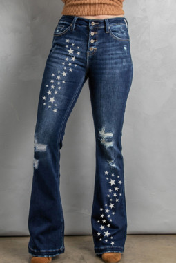 蓝色星星印花做旧纽扣门襟高腰喇叭牛仔裤
