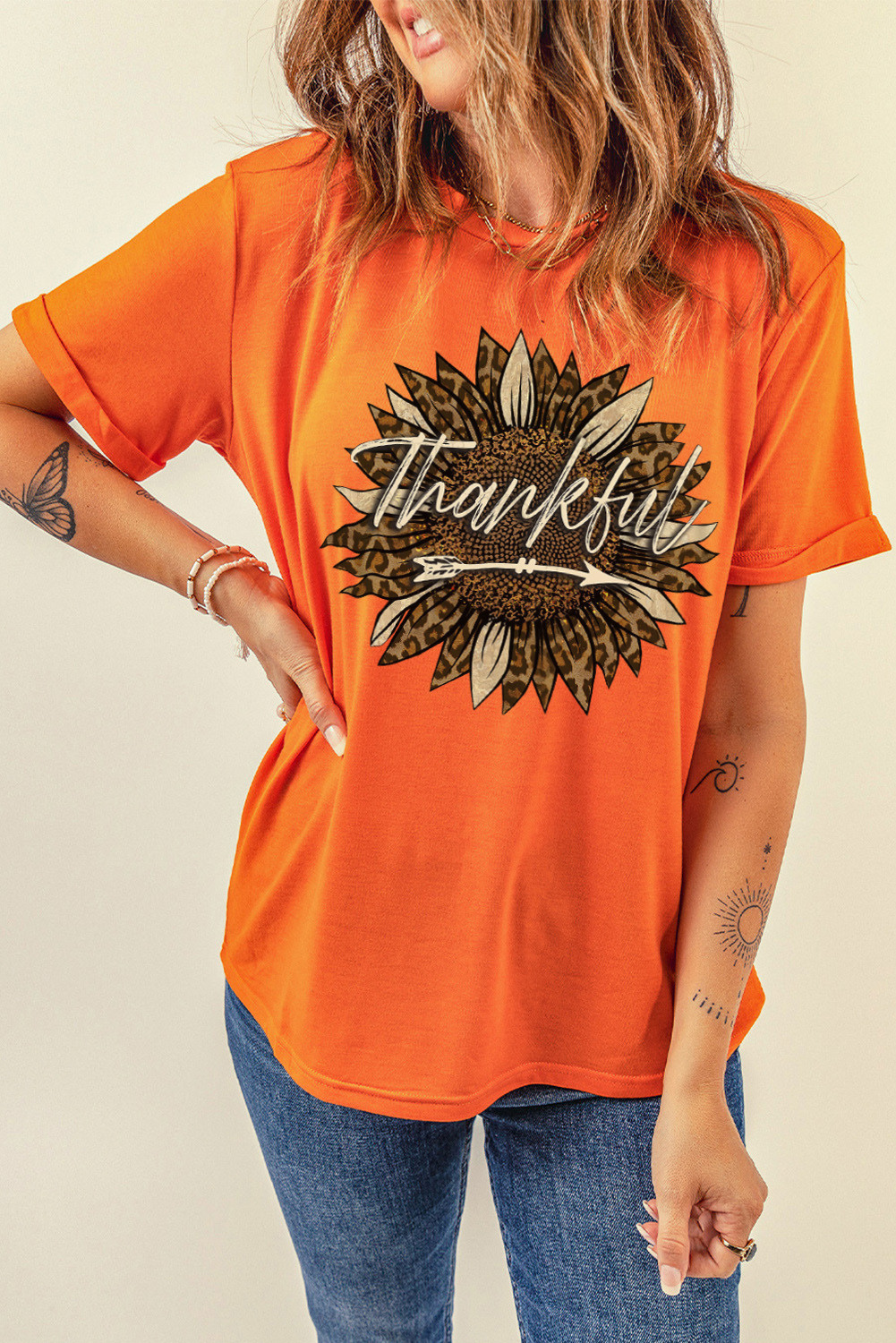 橙色Thankful 字母豹纹向日葵图案印花短袖 T 恤 LC25218895