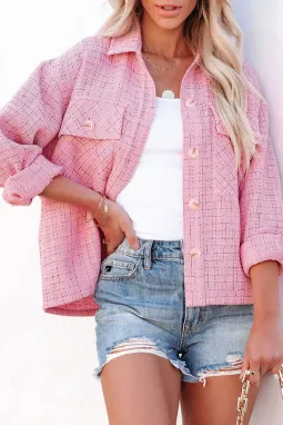 粉色格子花呢系扣夹克衫