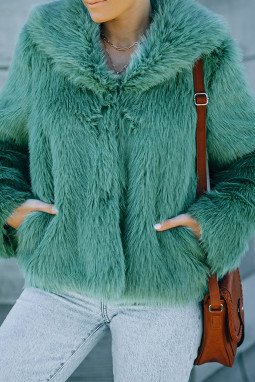 绿领侧袋冬季绒毛大衣
