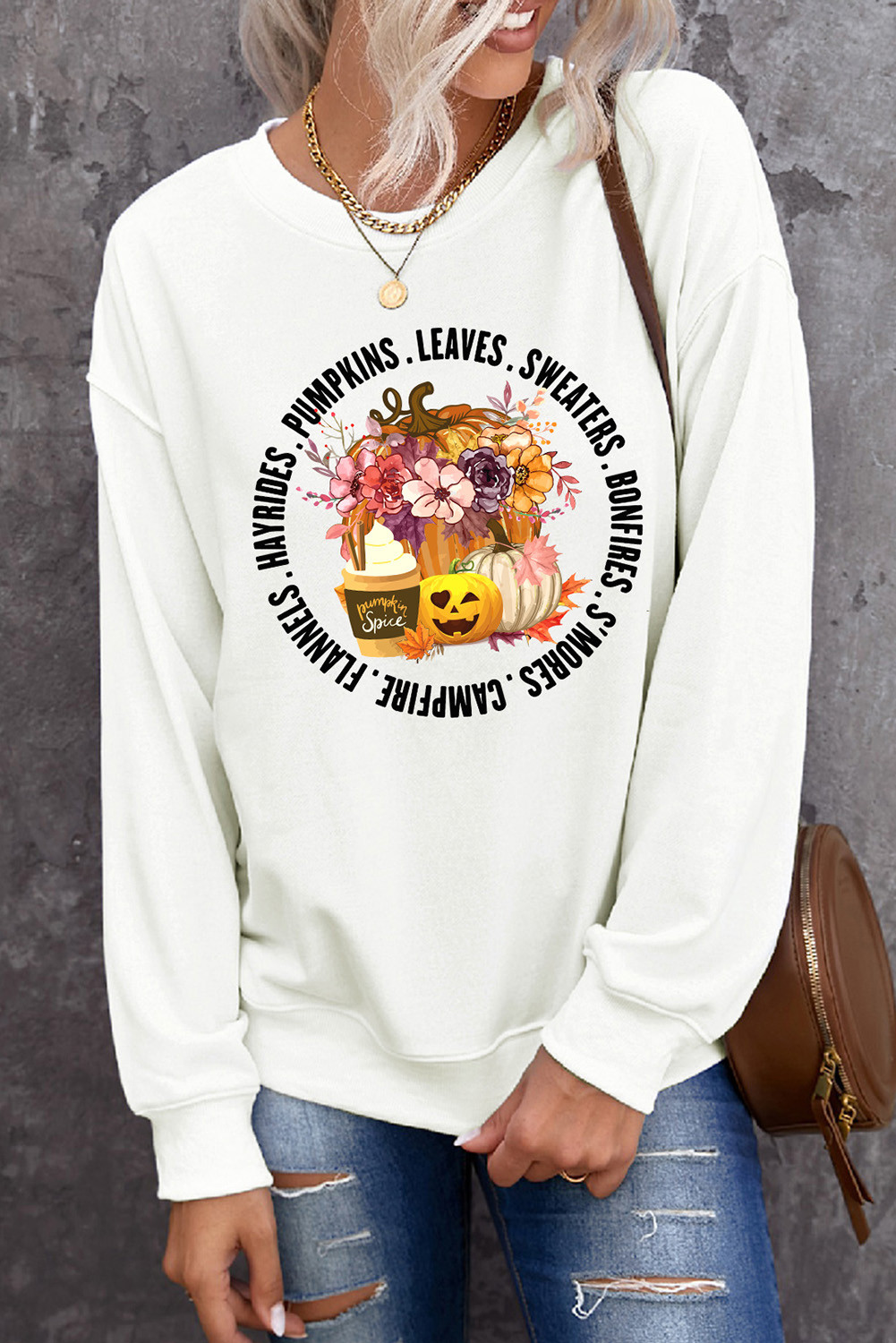 米色南瓜花卉字母图案印花长袖套头衫 LC25313310