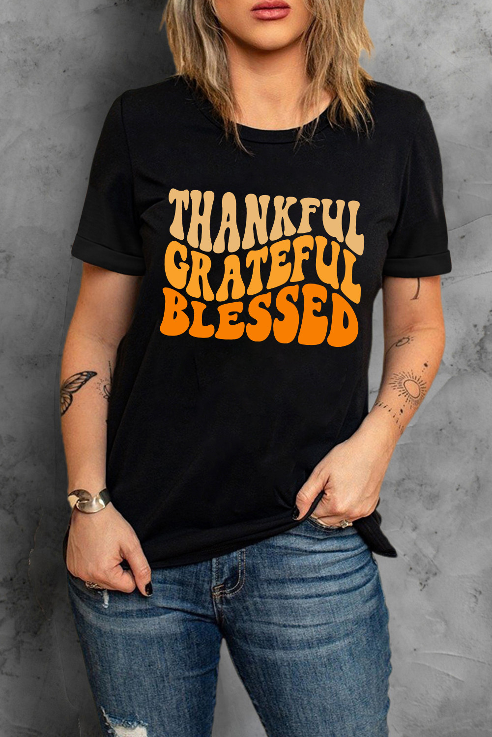 黑色 THANKFUL GRATEFUL BLESSED 圆领图案 T 恤 LC25218895