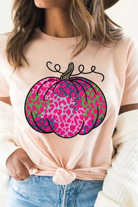 粉色豹纹南瓜形状印花圆领图案 T 恤