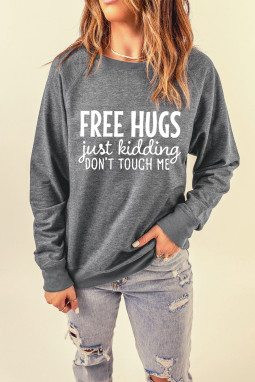 灰色 FREE HUGS 字母印花长袖套头衫