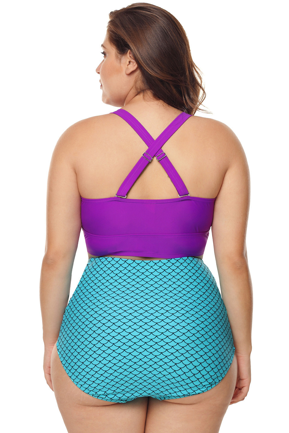 加大码紫色和蓝色扇形细节高腰泳衣 LC410758
