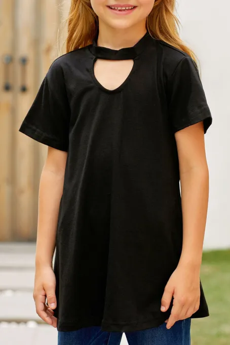 黑色别致镂空设计可爱舒适小女孩短袖T恤上衣