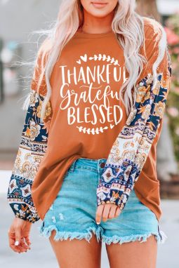 棕色Thankful Grateful Blessed 印花花卉袖上衣
