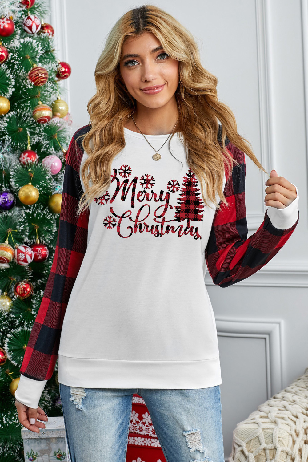 白色圣诞快乐格子图案印花长袖套头衫 LC2532215