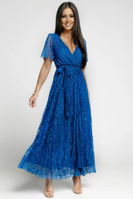 蓝色精美花纹裹身 V 领超长连衣裙